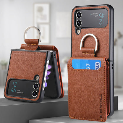 Magnetic Lychee Leather Flip Card Holder Case with Ring for Samsung Flip4 Flip3 5G