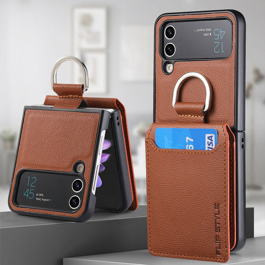 Magnetic Lychee Leather Flip Card Holder Case with Ring for Samsung Flip4 Flip3 5G