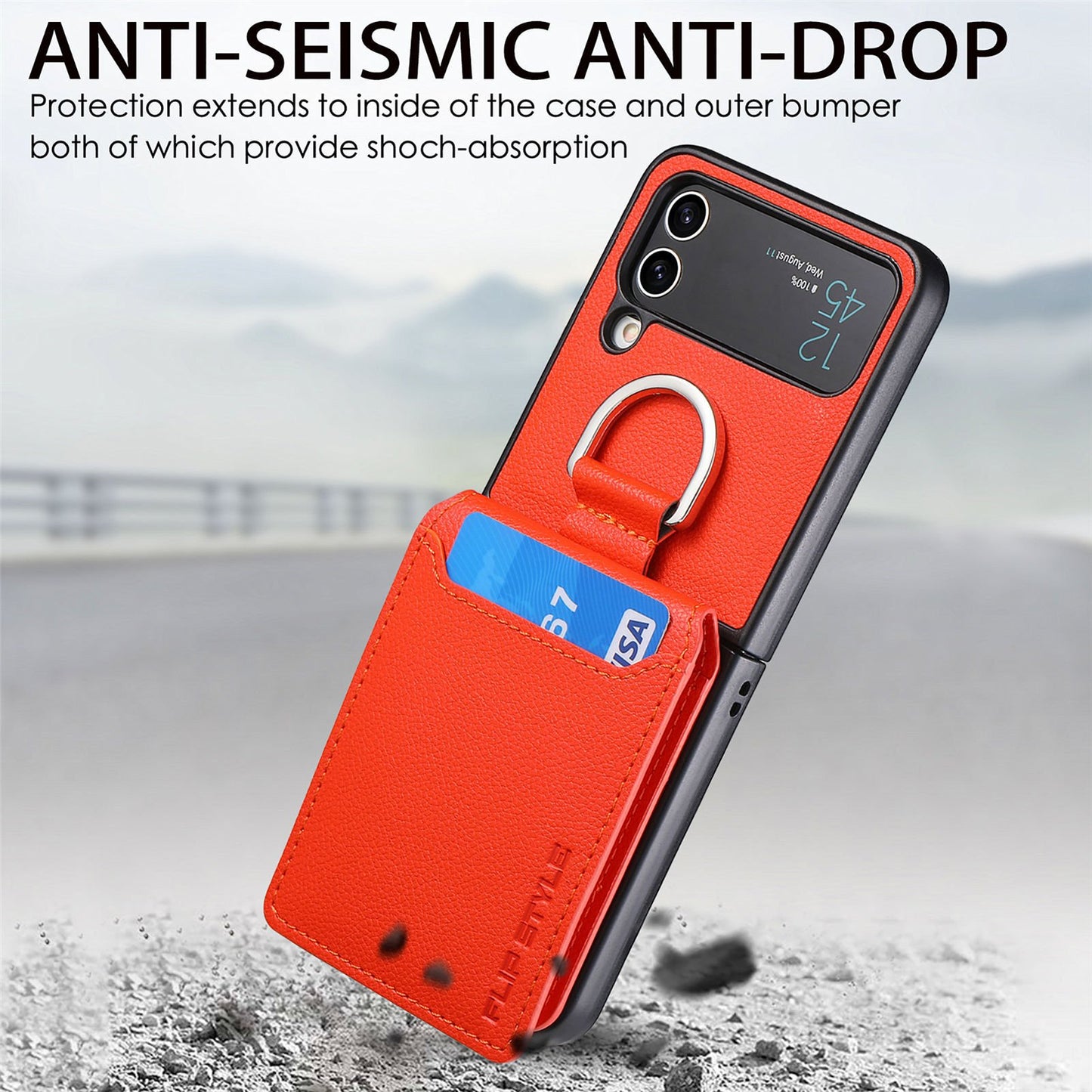 Magnetic Lychee Leather Flip Card Holder Case with Ring for Samsung Flip4 Flip3 5G