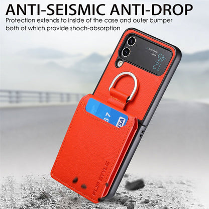 Magnetic Lychee Leather Flip Card Holder Case with Ring for Samsung Flip4 Flip3 5G