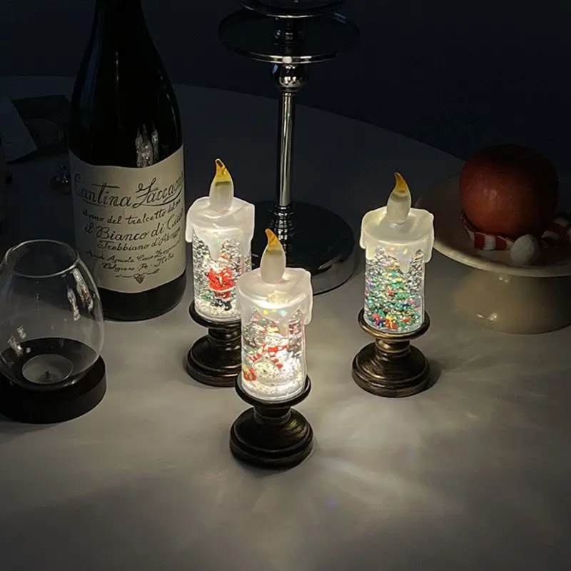 Christmas Snow Globe Night Light - LED Flameless Candle with Falling Snow