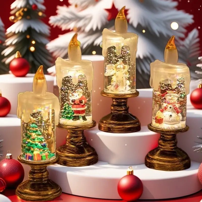 Christmas Snow Globe Night Light - LED Flameless Candle with Falling Snow