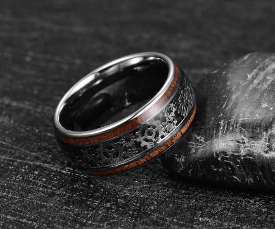 💍Inlaid Wood Grain Gear Pattern Tungsten Carbide Ring