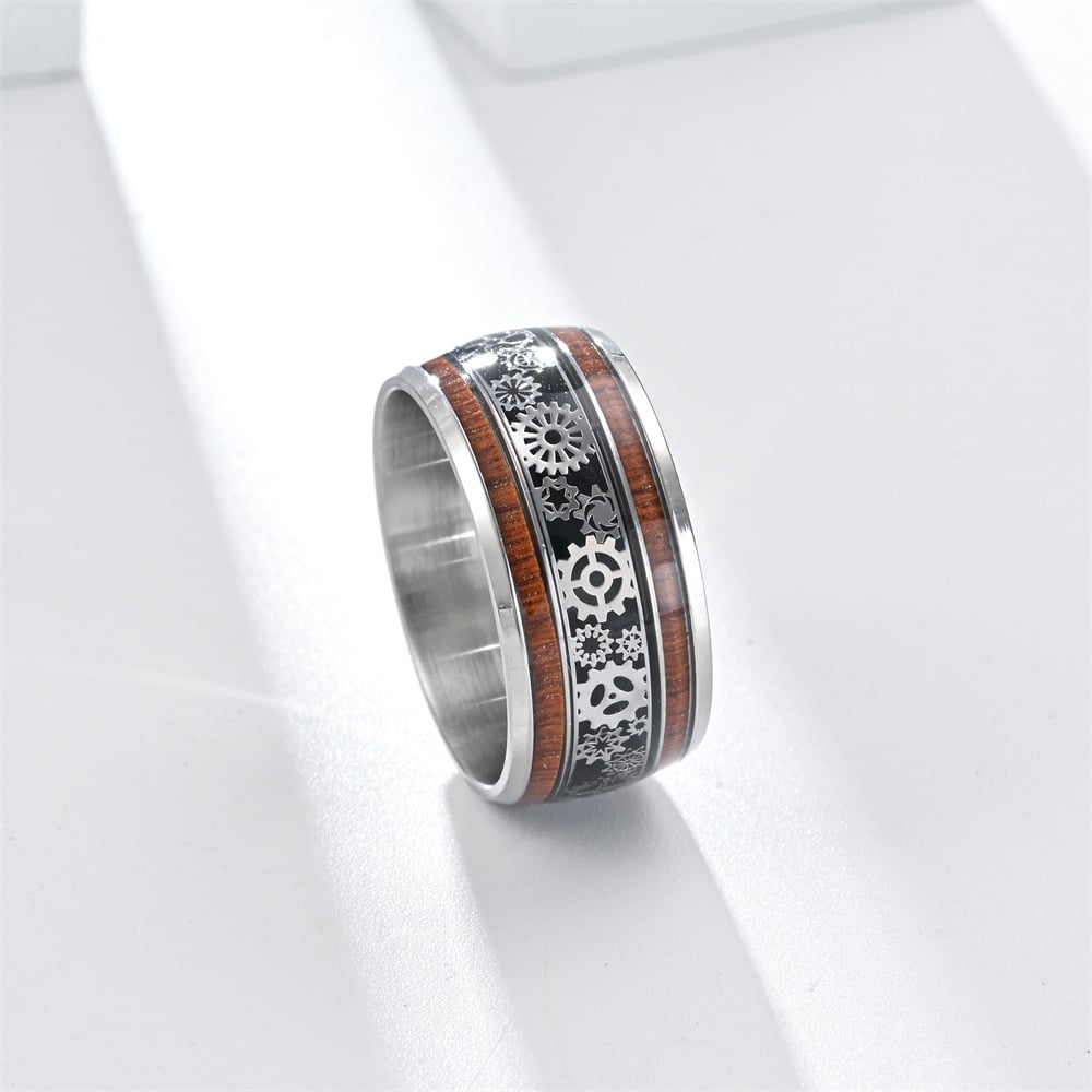 💍Inlaid Wood Grain Gear Pattern Tungsten Carbide Ring