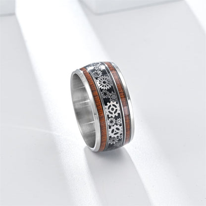 💍Inlaid Wood Grain Gear Pattern Tungsten Carbide Ring