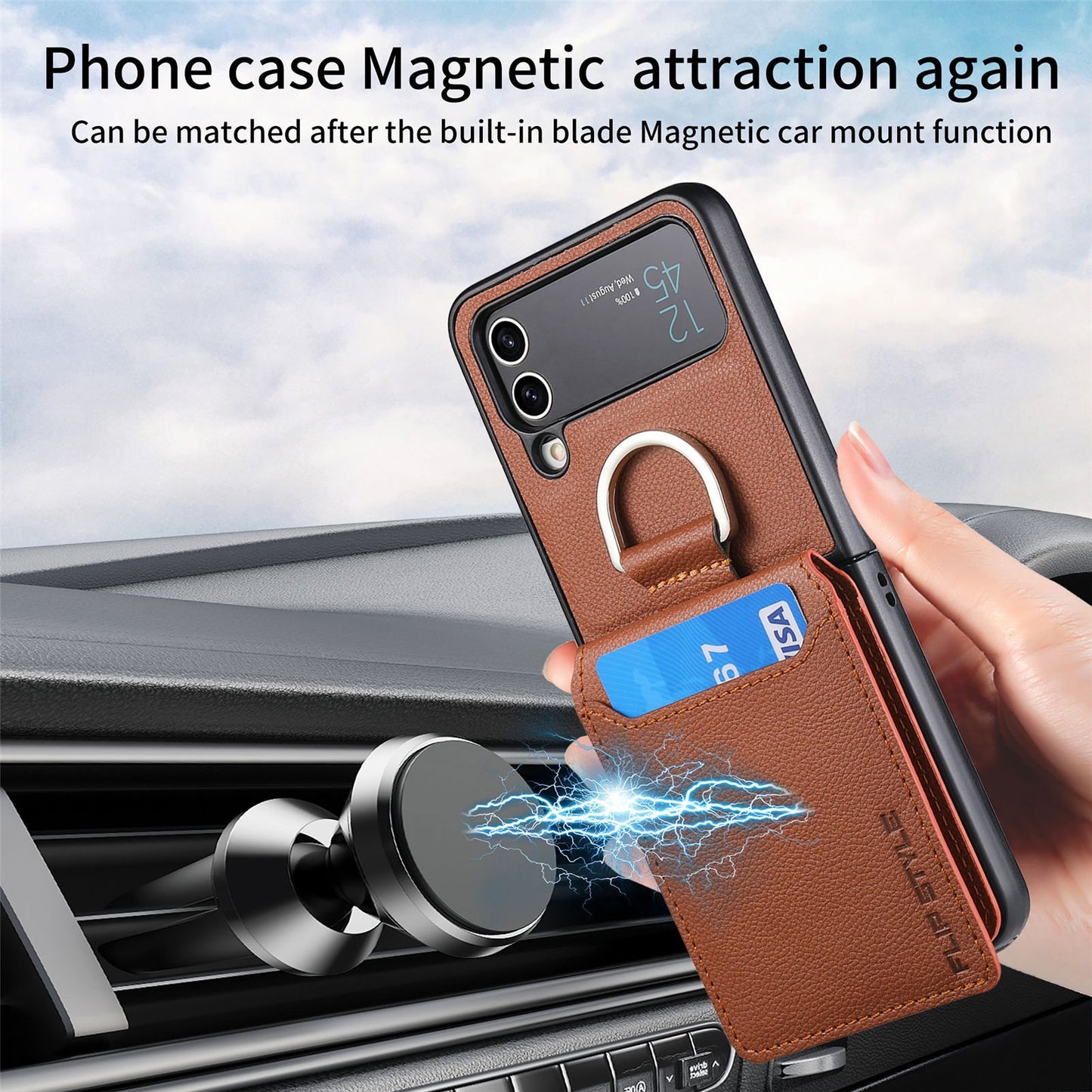 Magnetic Lychee Leather Flip Card Holder Case with Ring for Samsung Flip4 Flip3 5G