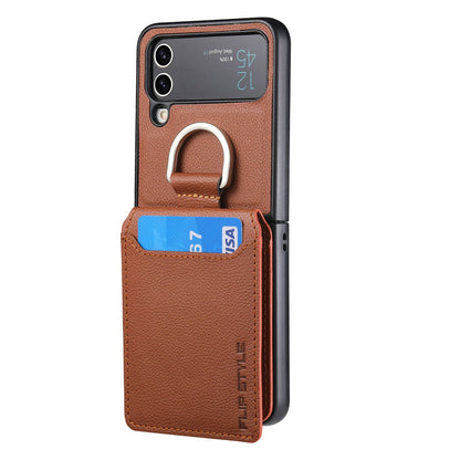 Magnetic Lychee Leather Flip Card Holder Case with Ring for Samsung Flip4 Flip3 5G