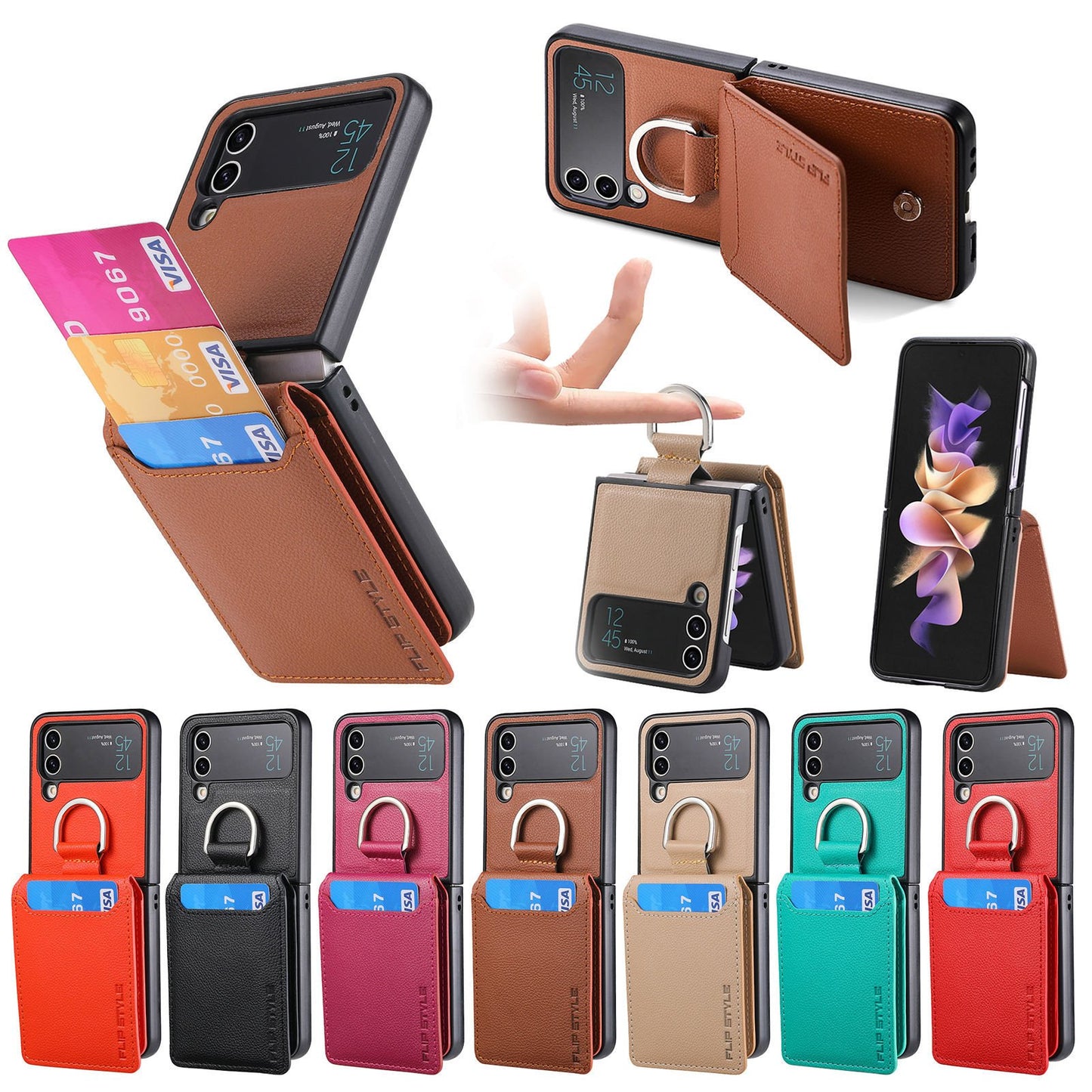 Magnetic Lychee Leather Flip Card Holder Case with Ring for Samsung Flip4 Flip3 5G
