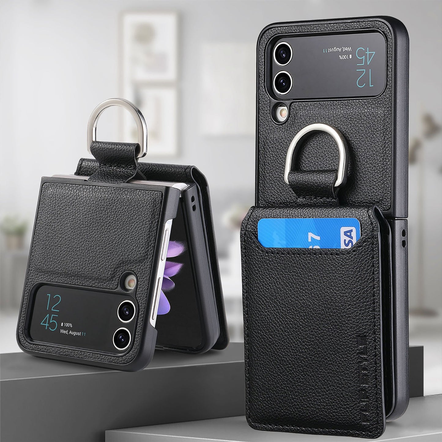 Magnetic Lychee Leather Flip Card Holder Case with Ring for Samsung Flip4 Flip3 5G