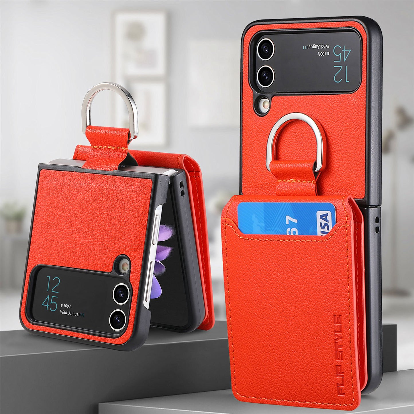 Magnetic Lychee Leather Flip Card Holder Case with Ring for Samsung Flip4 Flip3 5G