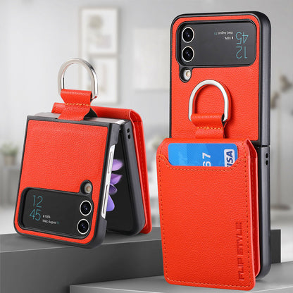 Magnetic Lychee Leather Flip Card Holder Case with Ring for Samsung Flip4 Flip3 5G