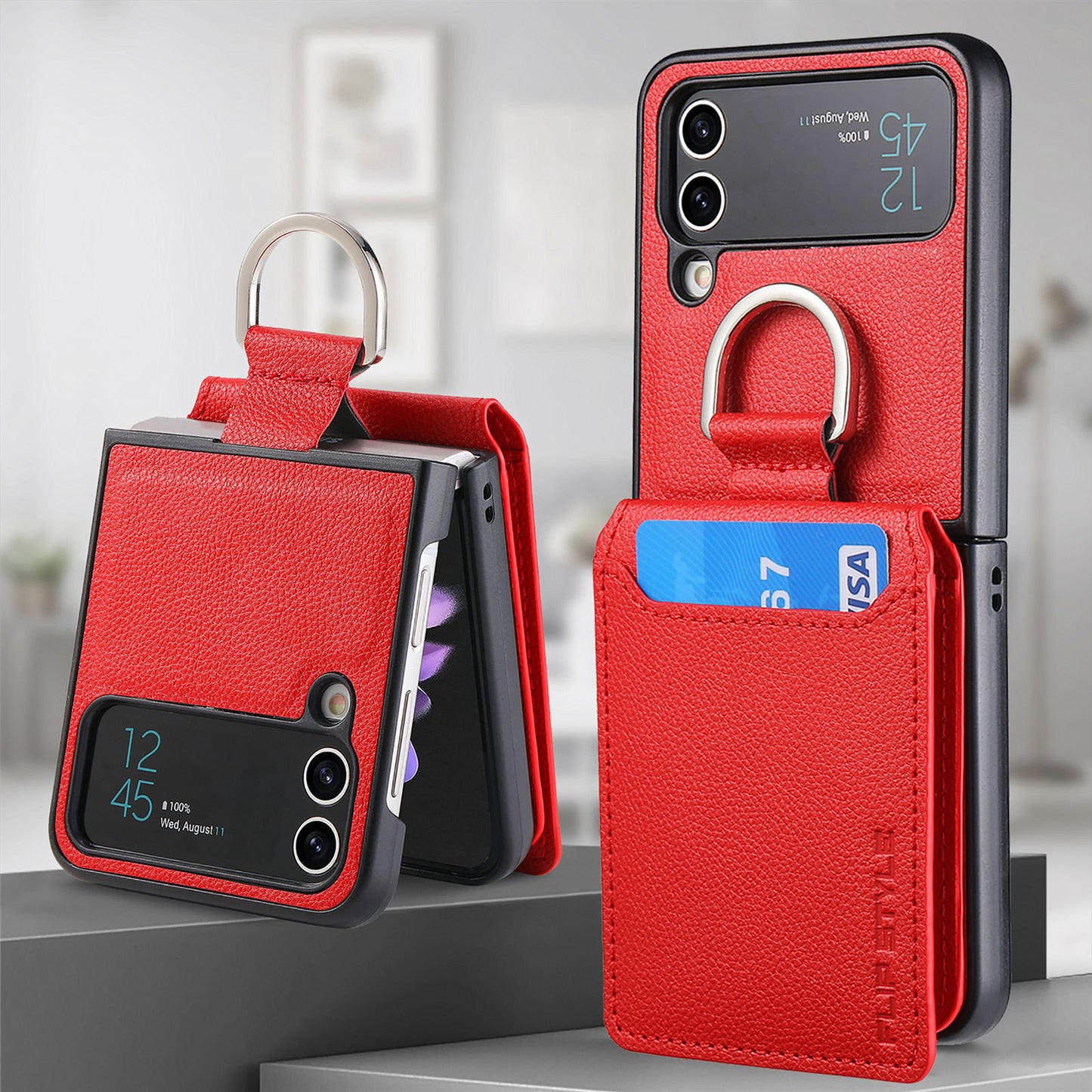 Magnetic Lychee Leather Flip Card Holder Case with Ring for Samsung Flip4 Flip3 5G