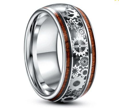 💍Inlaid Wood Grain Gear Pattern Tungsten Carbide Ring