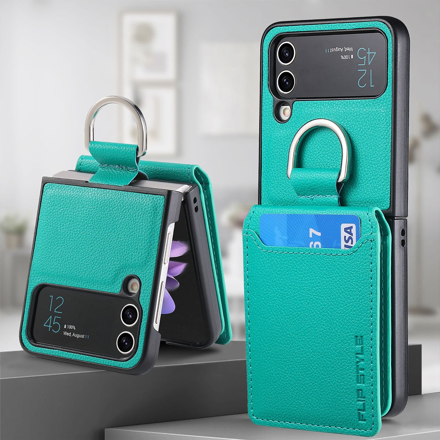 Magnetic Lychee Leather Flip Card Holder Case with Ring for Samsung Flip4 Flip3 5G