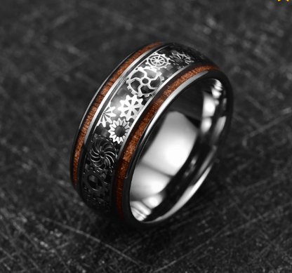 💍Inlaid Wood Grain Gear Pattern Tungsten Carbide Ring