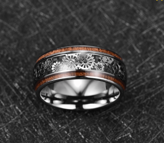💍Inlaid Wood Grain Gear Pattern Tungsten Carbide Ring