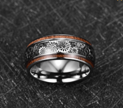 💍Inlaid Wood Grain Gear Pattern Tungsten Carbide Ring