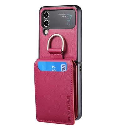 Magnetic Lychee Leather Flip Card Holder Case with Ring for Samsung Flip4 Flip3 5G