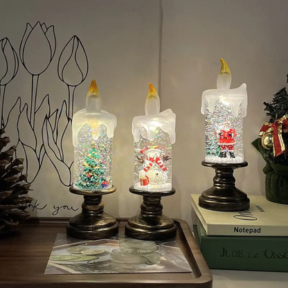 Christmas Snow Globe Night Light - LED Flameless Candle with Falling Snow